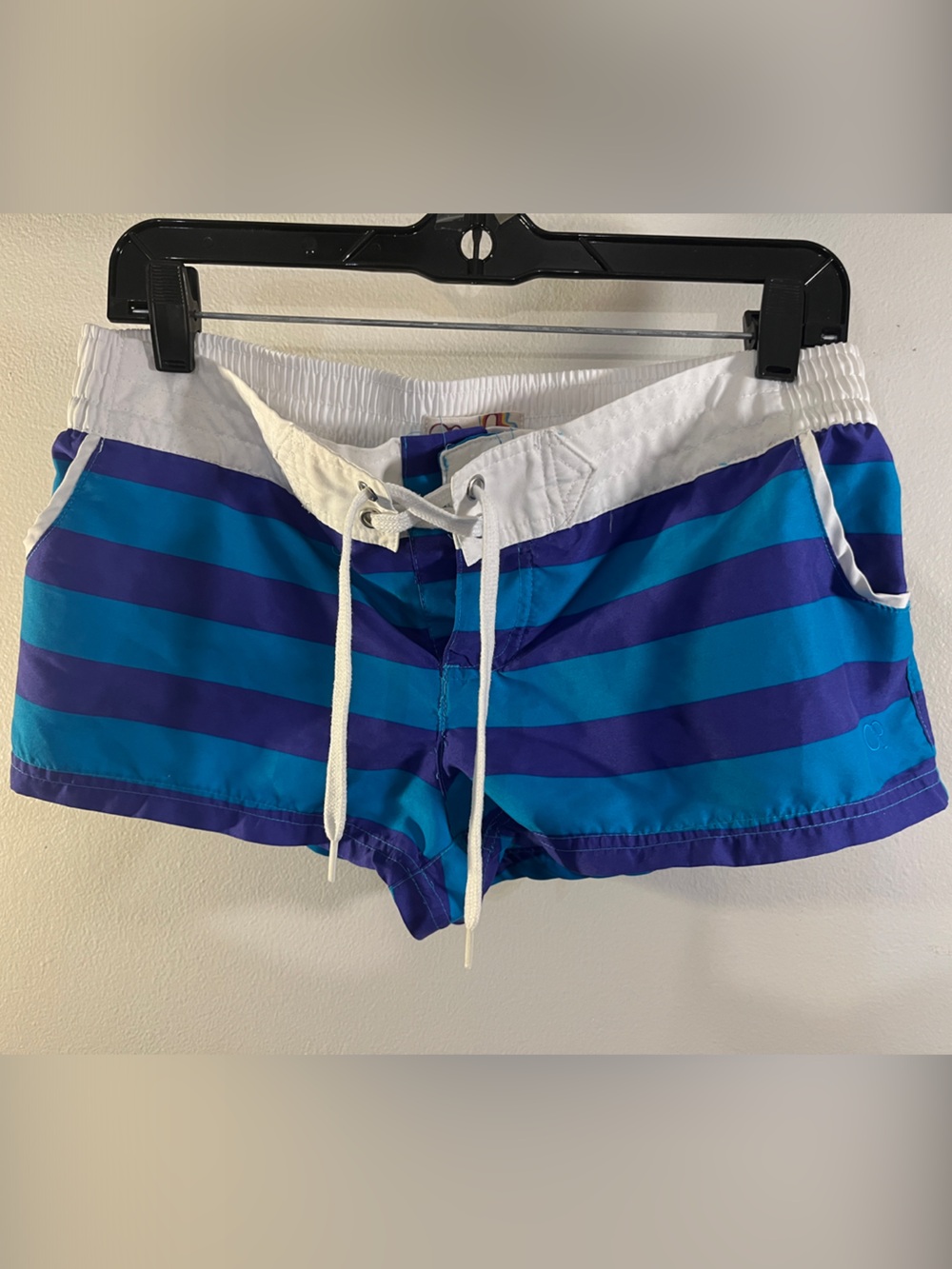 OP Girls Teal and Purple Striped Swim Shorts with White Waistband